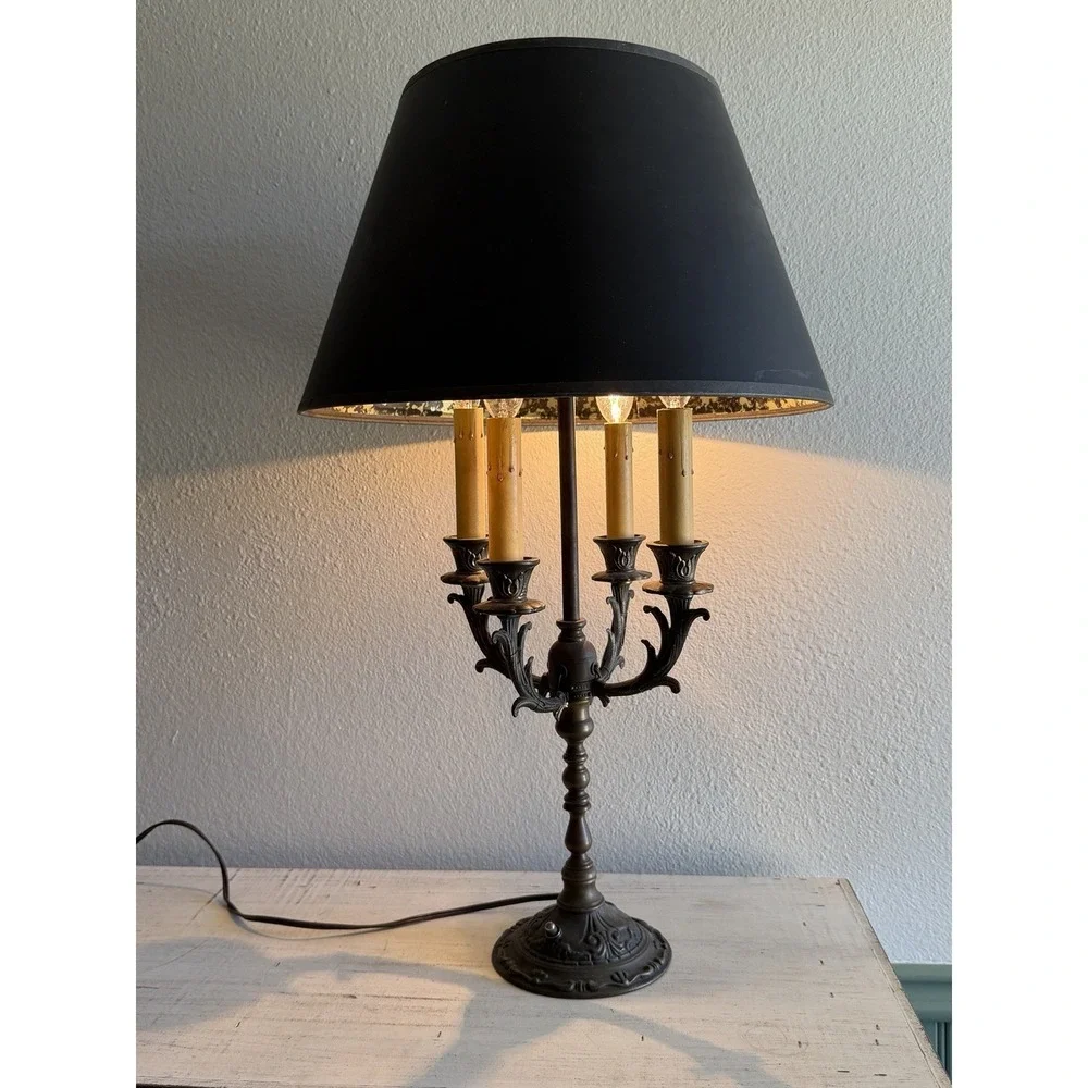 Vintage Brass Desk Table Lamp w/ Black And‎ Gold Designed Shade 4 Candle Lights